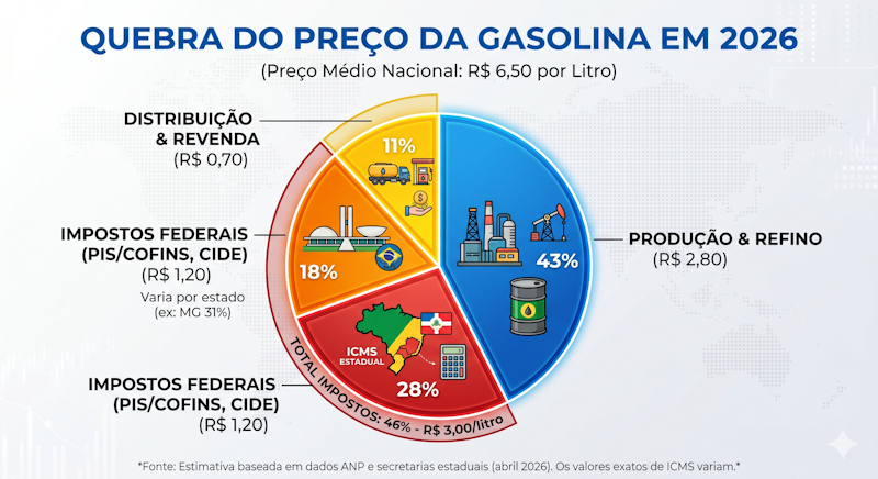 O gráfico de pizza foi criado como um infográfico limpo e profissional, com o título: "QUEBRA DO PREÇO DA GASOLINA EM 2026 (Média Nacional: R$ 6,50/litro)". O gráfico central está dividido nas quatro categorias solicitadas, com cores e ícones distintos: Custo de Produção/Refino (43% - R$ 2,80, azul), ICMS Estadual (28% - R$ 1,80, vermelho), Impostos Federais (18% - R$ 1,20, laranja) e Distribuição/Revenda (11% - R$ 0,70, amarelo). Um destaque de anel externo soma as fatias de ICMS e Federais para mostrar o "TOTAL IMPOSTOS: 46% - R$ 3,00/litro". O rodapé inclui a fonte de dados e a nota sobre a variação do ICMS por estado.